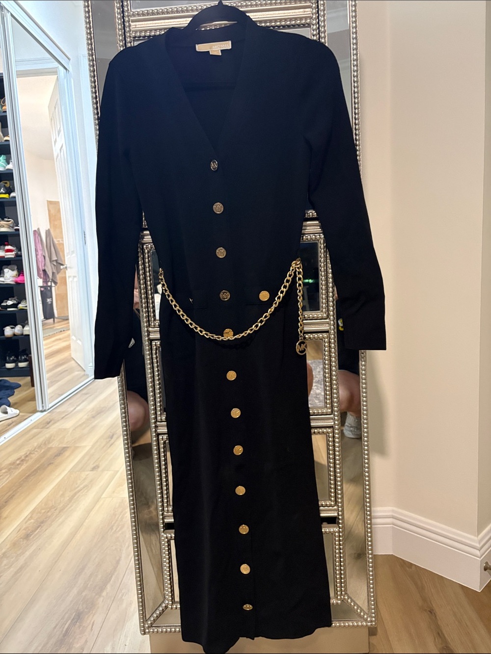Michael Kors Black Long Sleeve Button-Front Knit Dress with Gold Chain